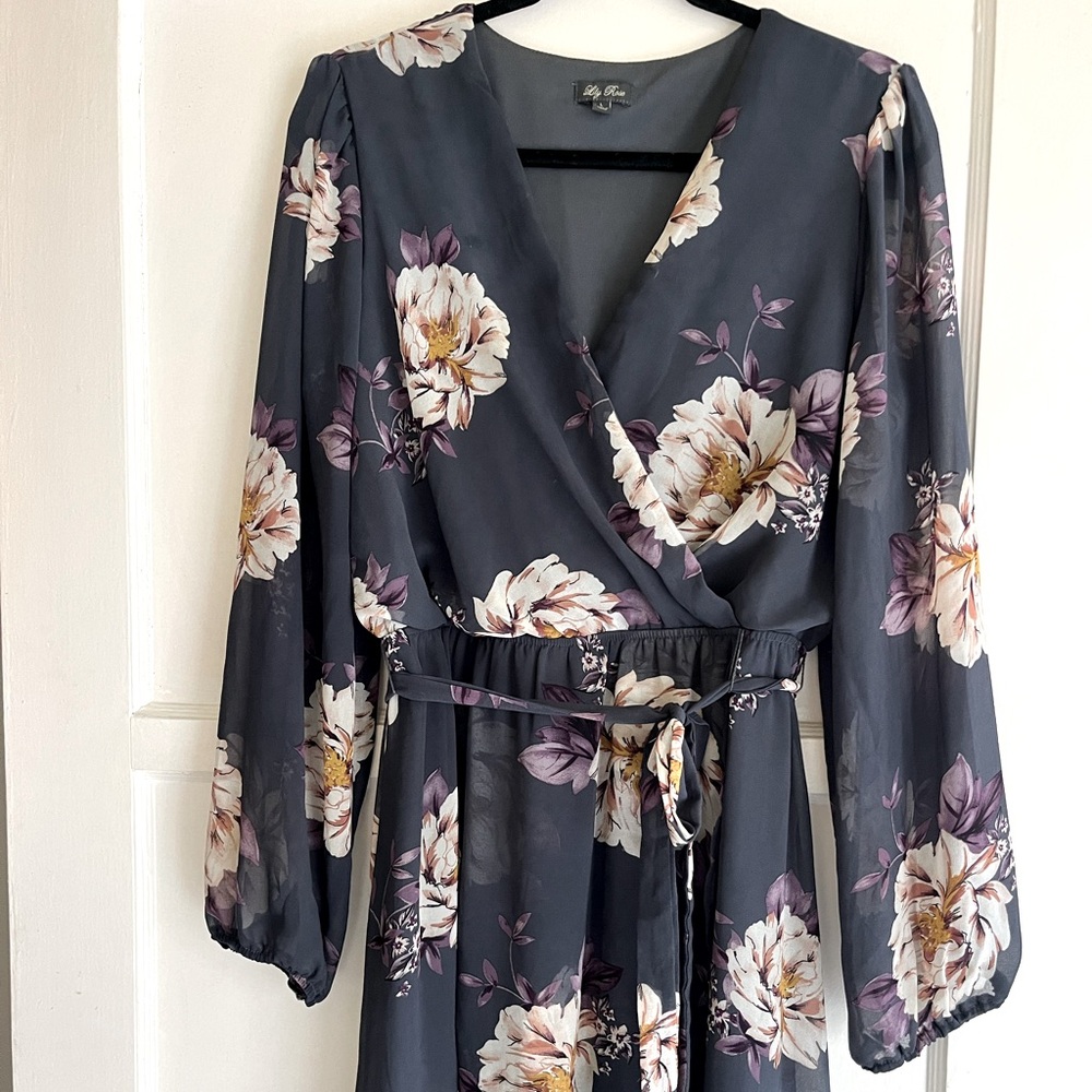Lily Rose women’s Sz L floral sheer faux wrap dress high/low